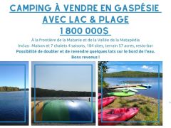 Immobilier, Camping à vendre, Gaspésie, Vallée Matapédia, Base plein air, Relais, Resto, Bar, Kayak, VTT, Motoneige REF#17091